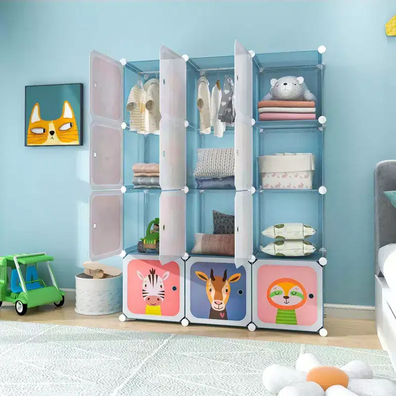 Costway 12-Cube Kids Wardrobe Baby Dresser Bedroom Armoire Clothes Hanging Closet with Door Blue/Pink
