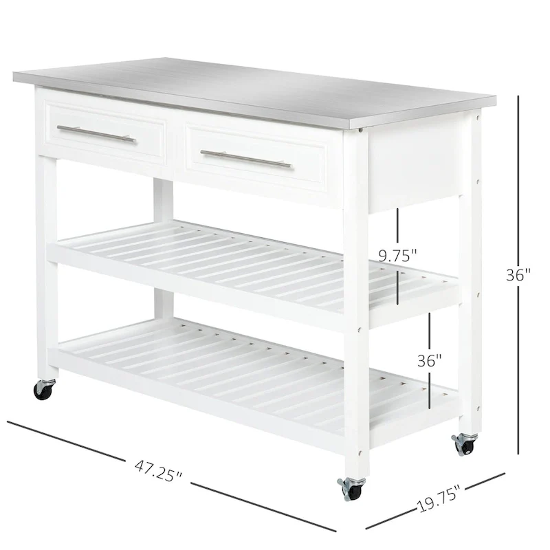 Rolling Kitchen Cart - White - Stainless Steel Top - 3-Tier Storage