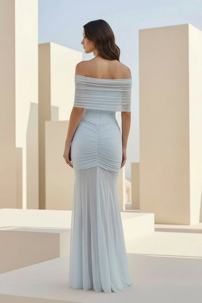 Ivory Mermaid Off The Shoulder Ruched Tulle Long Prom Dresses