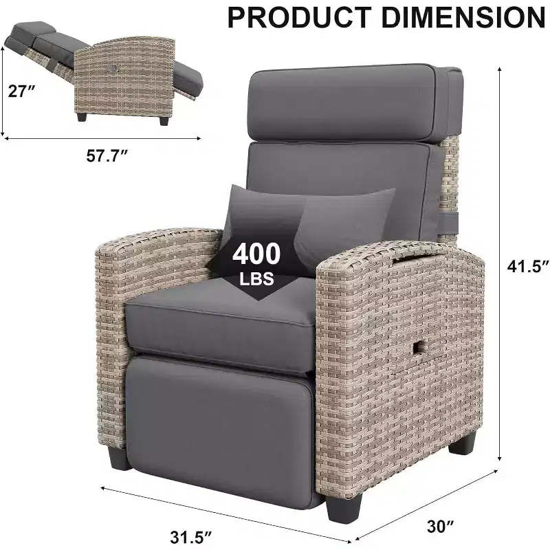 Acekool Outdoor Reclining Patio Chair Brown Wicker with Gray Cushions Adjustable Backrest Footrest Side Table for Patio