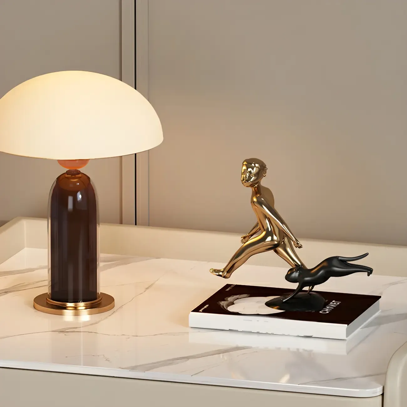 Elegant Green Wood Stone Top Gold Legs 2-Drawer Nightstand