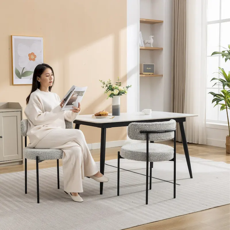 White Boucle Round Dining Chair