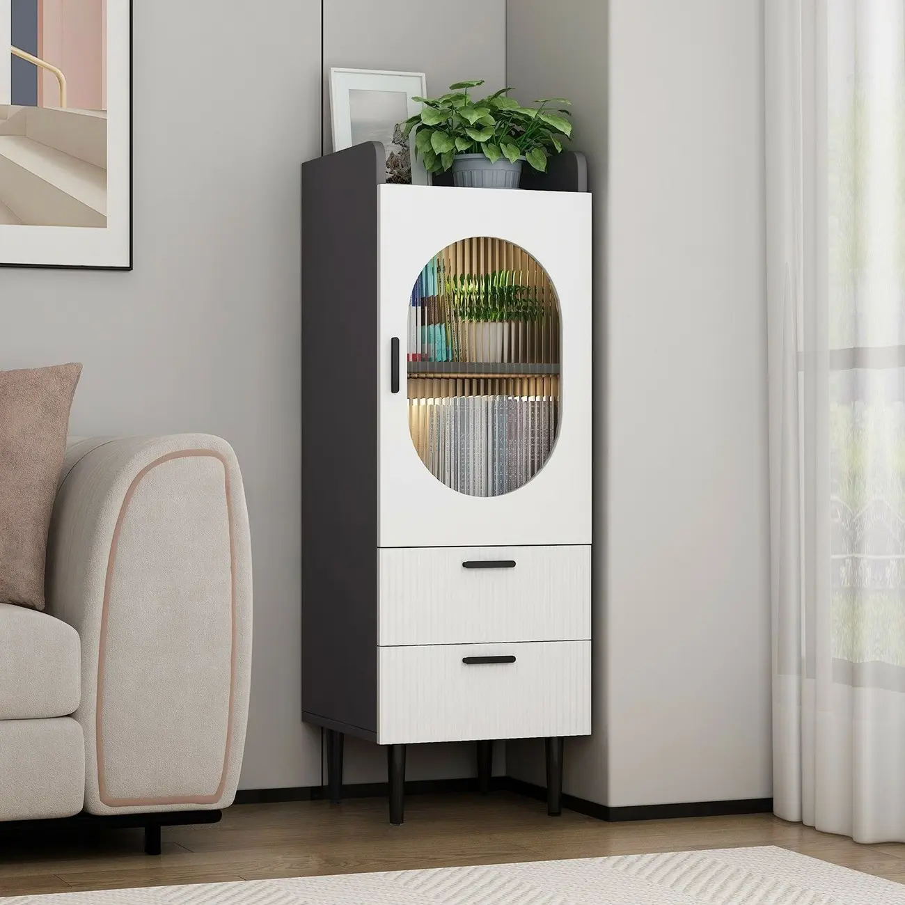 Modern White Wood Glass Storage Cabinet with Tray Top