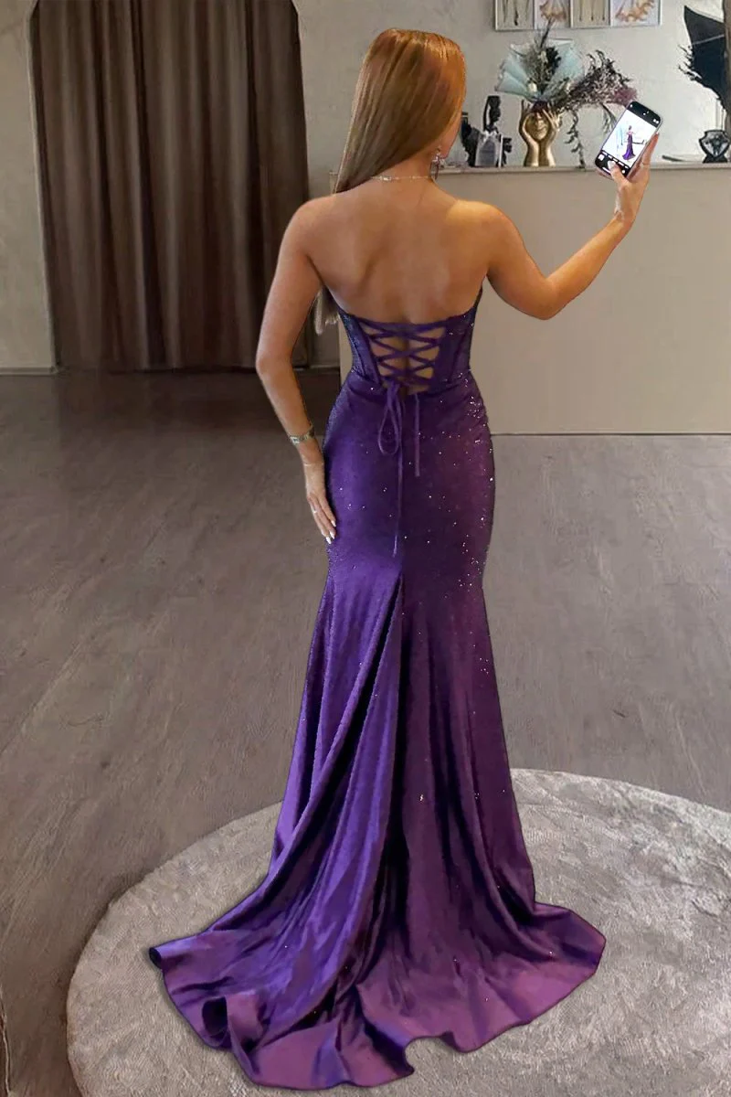 Sky Blue Strapless Satin Beaded Mermaid Long Prom Dresses With Slit