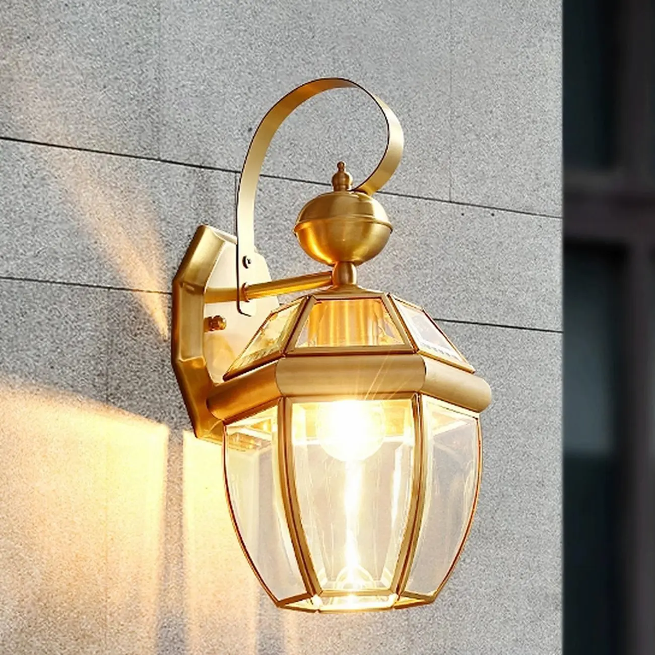 Classic Gold Glass Caged Outdoor Wall Lantern Light