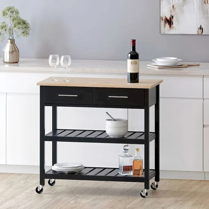 Modern White Wood Kitchen Cart with Wheels Drawers and Shelves by