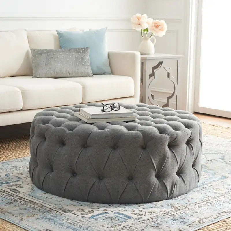 Round Button-Tufted Linen Ottoman – Mushroom / Grey / Antique Gold / Wheat / Bordeaux / Navy / Taupe, Single