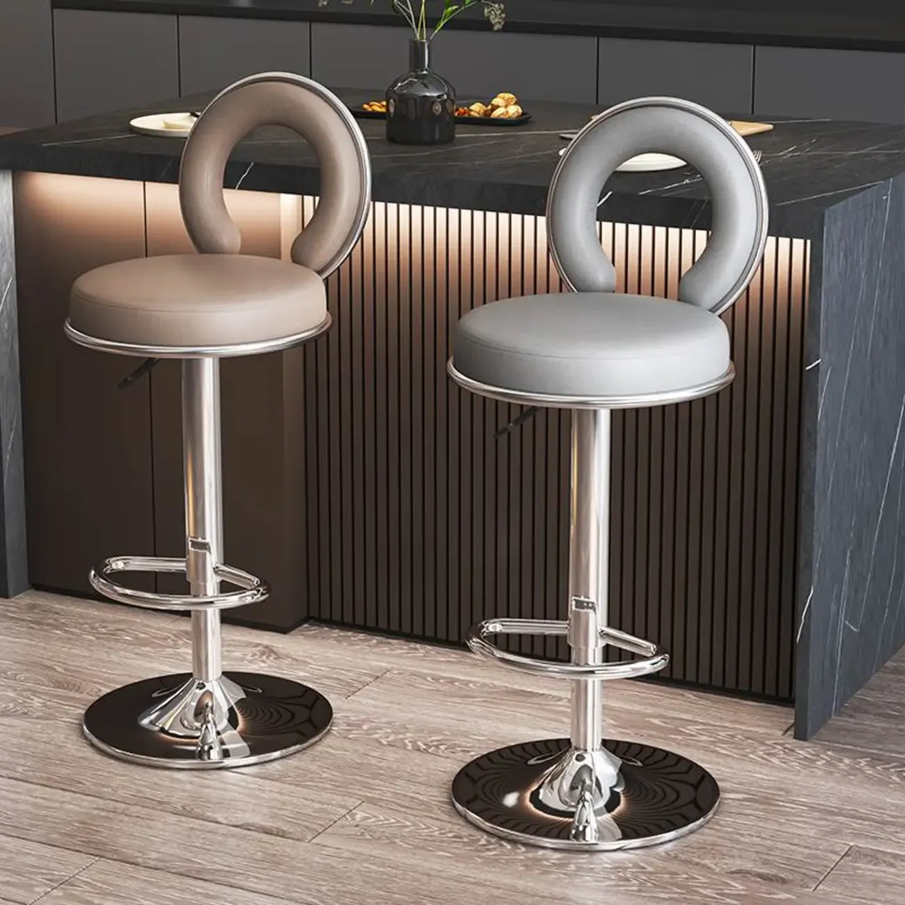 Glam Round Adjustable Leather Swivel Bar Stool with Back