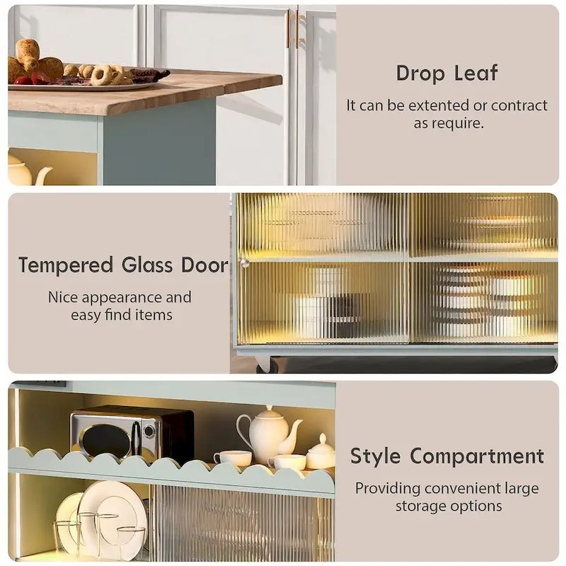 Multi-Functional Kitchen Island Cart with Drop Leaf, LED Light, and Power Outlets