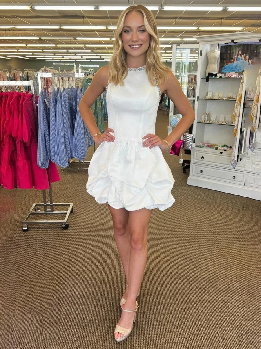 White Jewel Neck Beaded Sleeveless Ruffle Homecoming Dress