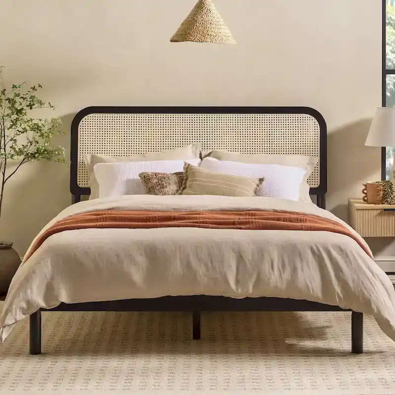 Black/Natural Boho Curved Rattan Queen Bed Frame for 2
