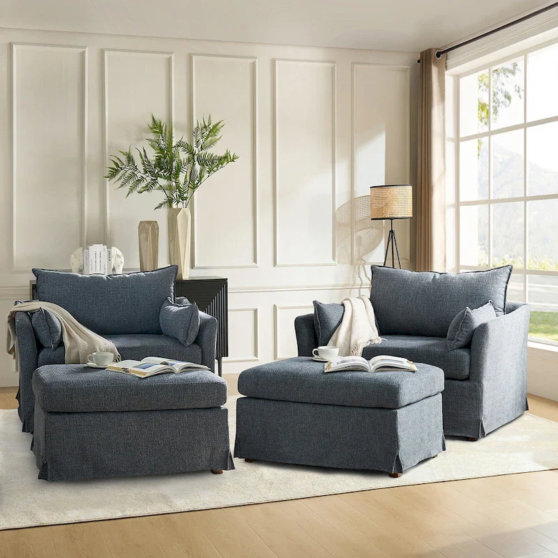 Sophie Modern Oversized Slipcovered Armchair with Ottoman and Lockable Rear Wheels Set of 2