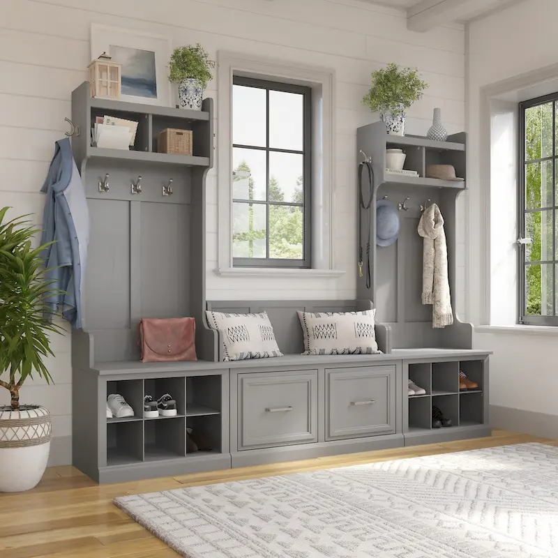 Entryway Hall Tree & Shoe Bench Set, White Ash/Gray/Brown/Black, Single