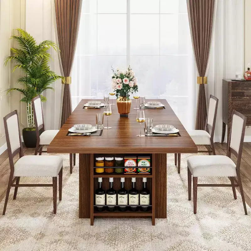 Lantine Farmhouse Dining Table for 4, 62.99-Inch Rectangular Dining Table with Storage for Kitchen, Living Room (Brown)