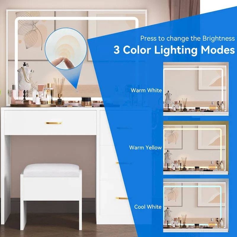 Moasis Vanity Set with Led Lights Makeup Desk Dressing Dresser Desk Table with 4 Drawer - 35.43L x 15.74W x 53.54H