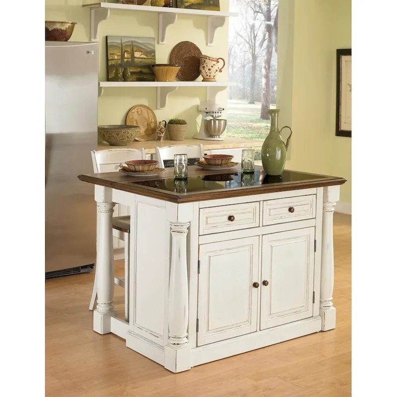 Monarch Off-White Kitchen Island with Granite Top and 2 Stools