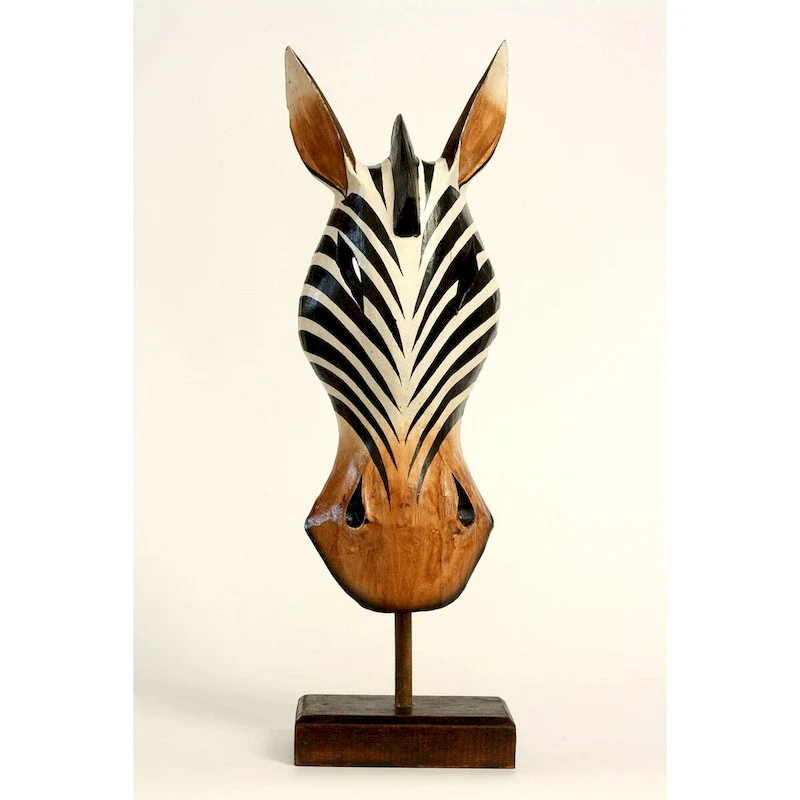 20  Wooden Tribal Striped Zebra Mask with Stand Hand Carved Home Decor Accent Art Unique Sculpture Decoration Handmade