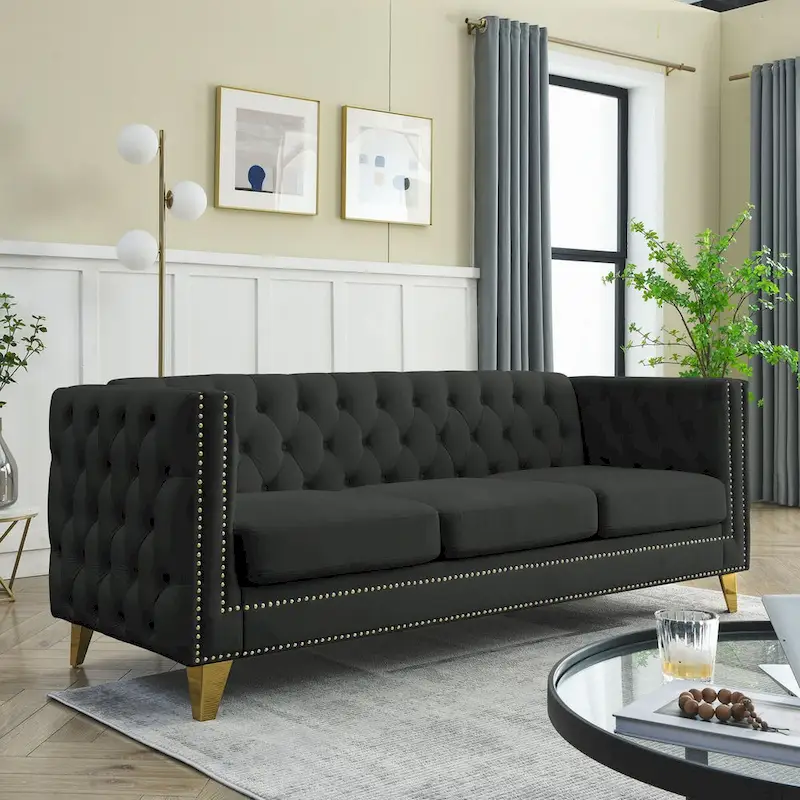 Velvet Upholstered 3 Seat Sofa,  Tufted Square Arm Sofa with Nailheads and Metal Legs