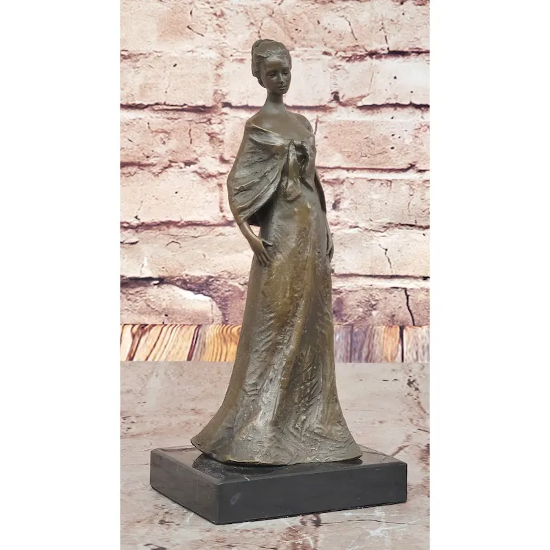 Elegant Bronze Lady Sculpture  Clic Figurine In Flowing Gown On Marble Base