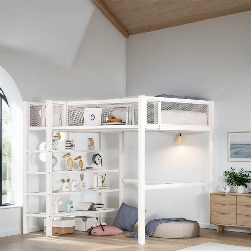 Twin Size Modern Metal Loft Bed with 4-Tier Shelves and Storage