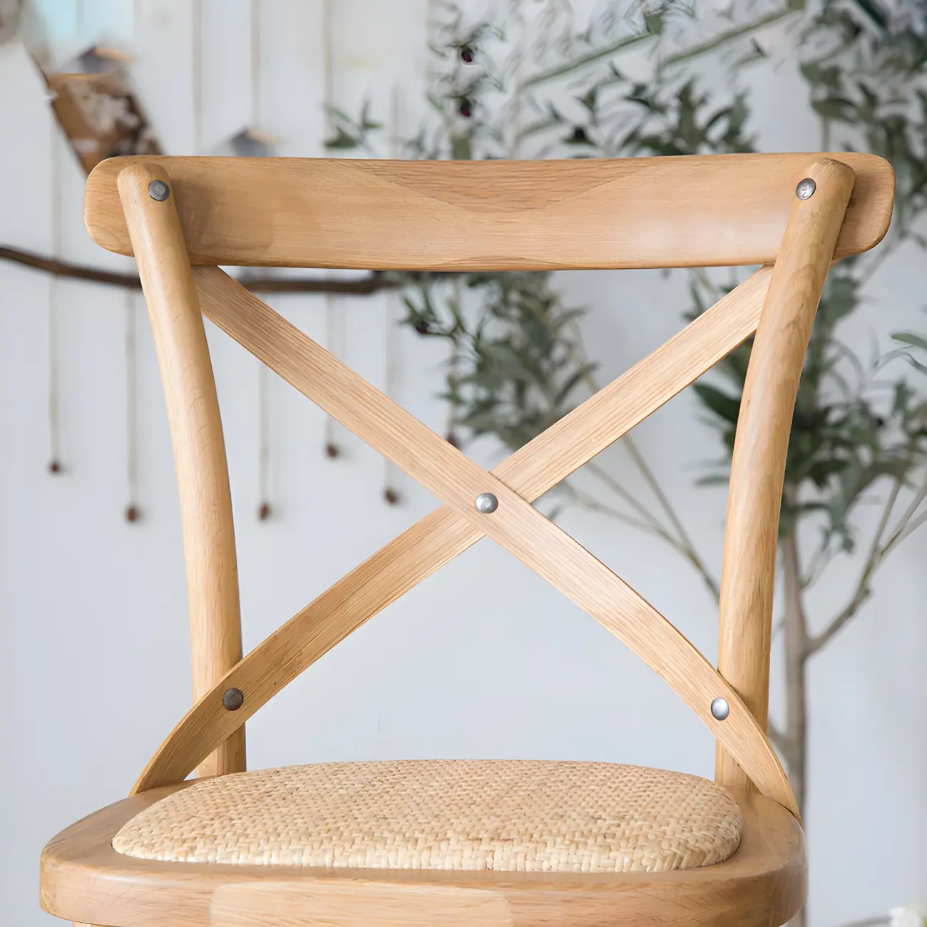 Rustic Solid Wood Wicker Cross Back Bar Stool in Brown/ Grey