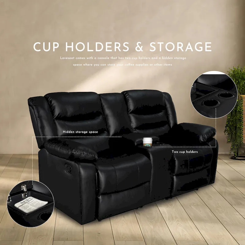Faux Leather Manual Reclining Living Room Sofa with Dropdown Table and Console