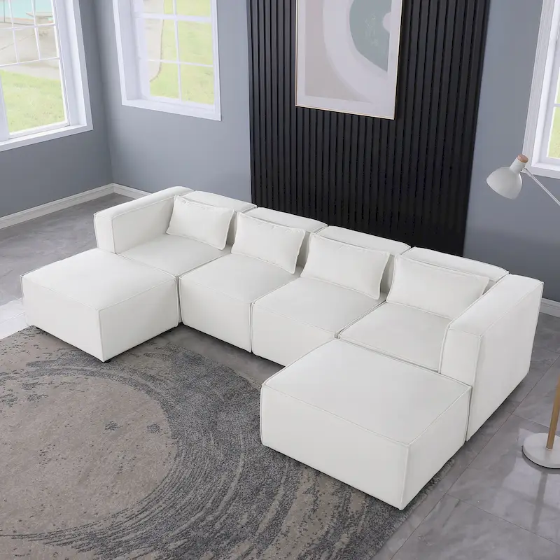6-Piece Chenille Upholstered U-Shaped Modular Sectional Sofa with 2 Removable Ottoman and Free Combination Design