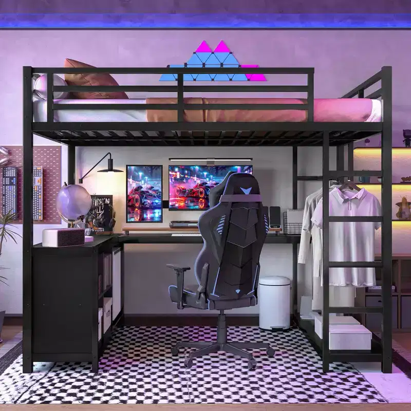 Bellemave Full Metal Loft Bed with Wardrobe, L-Shaped Desk, Storage Cubes & Shelves C Space-Saving Kids, Teens & Adults Bed, Black