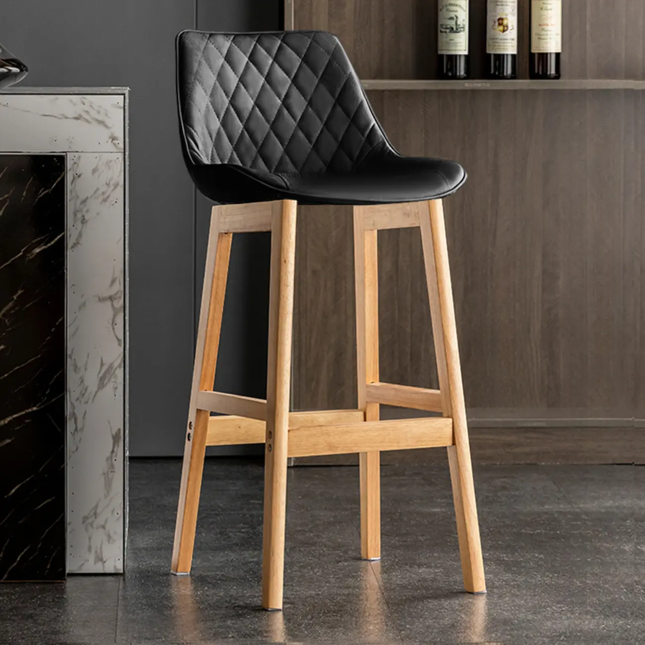 Mid-Century Modern Faux Leather Bar Stools with Wood Legs