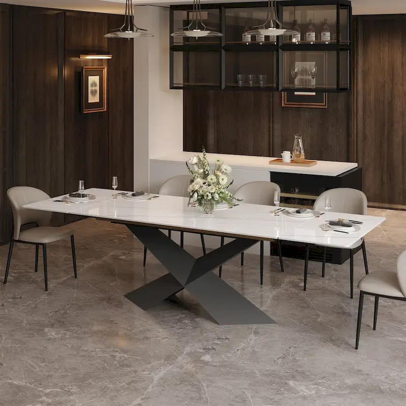 63-95 Extendable Modern Dining Table for 4-10, White Glossy Sintered Stone Tabletop, black X-Shaped Steel Legs - 94.5