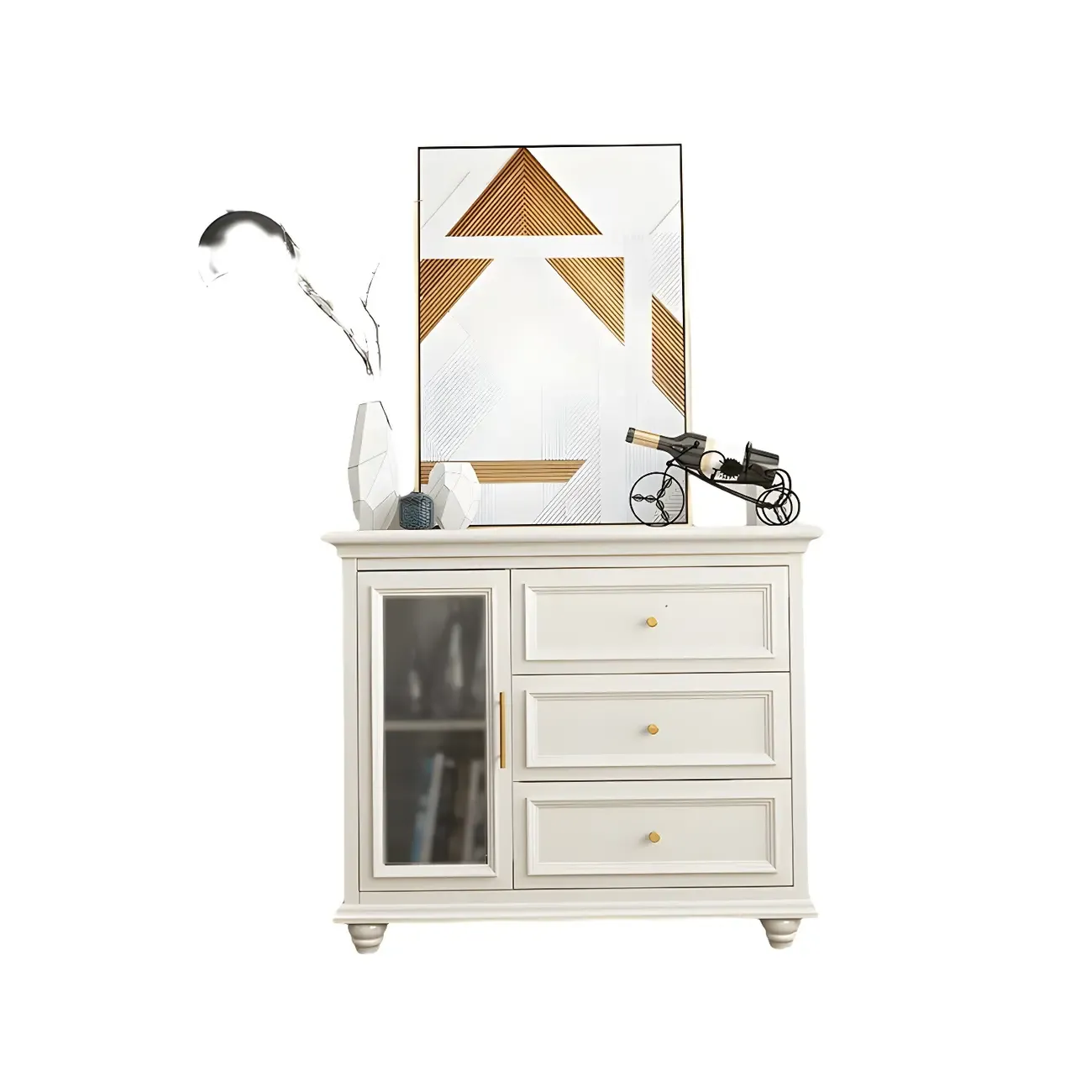 White Wooden Sideboard with 3 Drawers and Cabinets