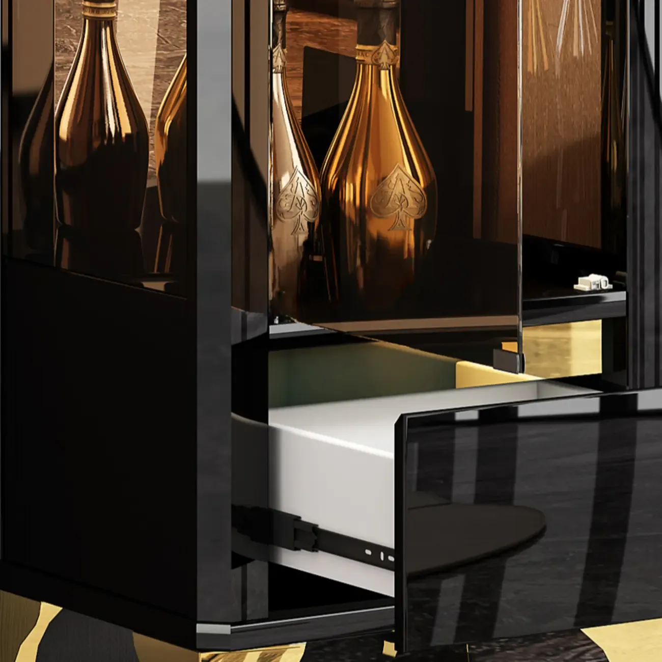 Elegant Black Gold Legs Glass Display Cabinet