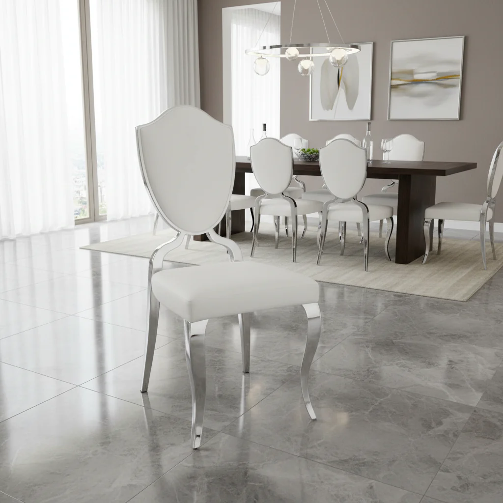 White Faux Leather Shield Back Dining Chair with Chrome Cabriole Legs - Set of 2