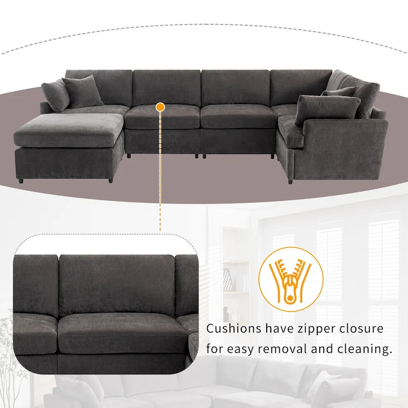 100.4 Spacious U-Shape 6 Seater Sectional Sofa with Removable Ottomans and Pillow, Flexible Configuration