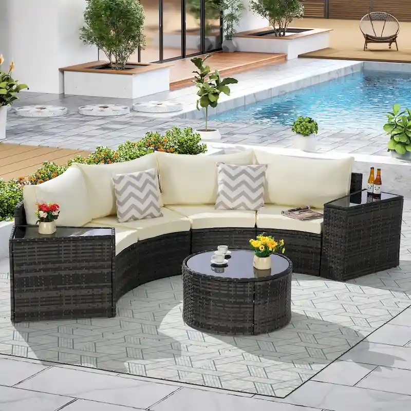 7-Piece Half-Moon Sectional Sofa Set with Glass Table