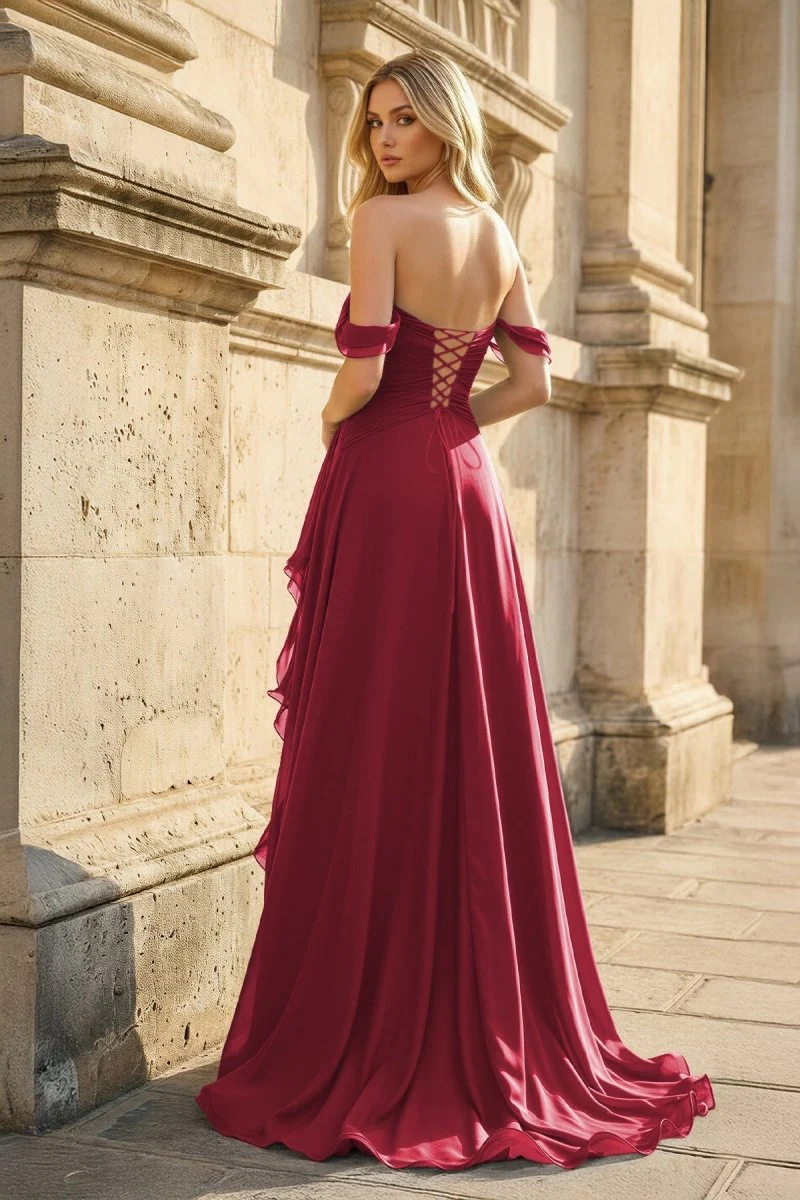 Peacock Off The Shoulder A Line Chiffon Pleated Long Prom Dresses With Slit