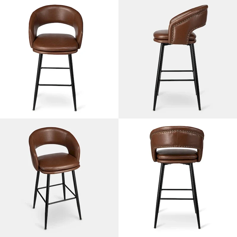 Mid-Century Modern Faux Leather Bar Stool with Nailhead Trim & Metal Legs – Black / Brown