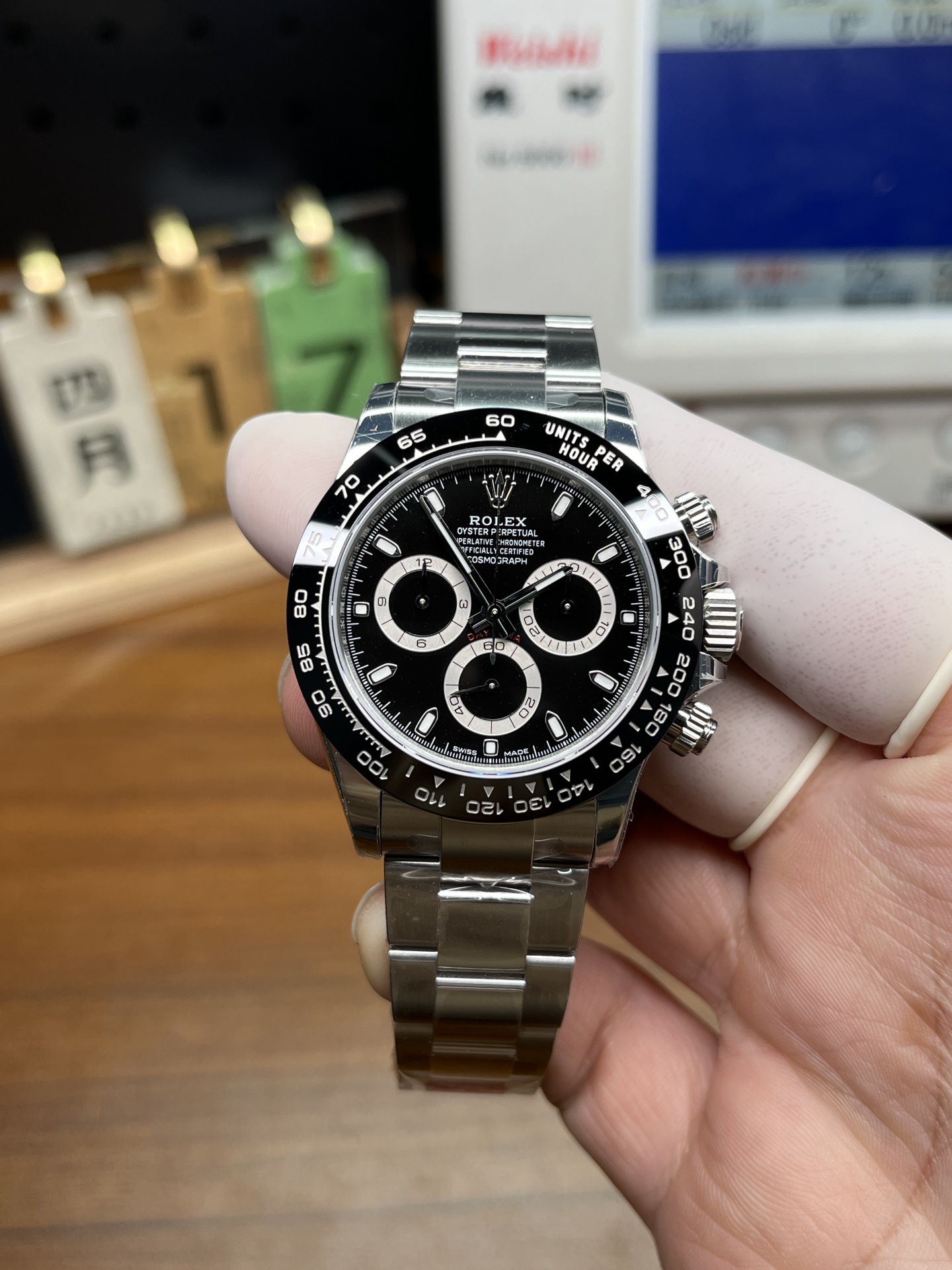 Rolex Daytona panda style black dial replica front view