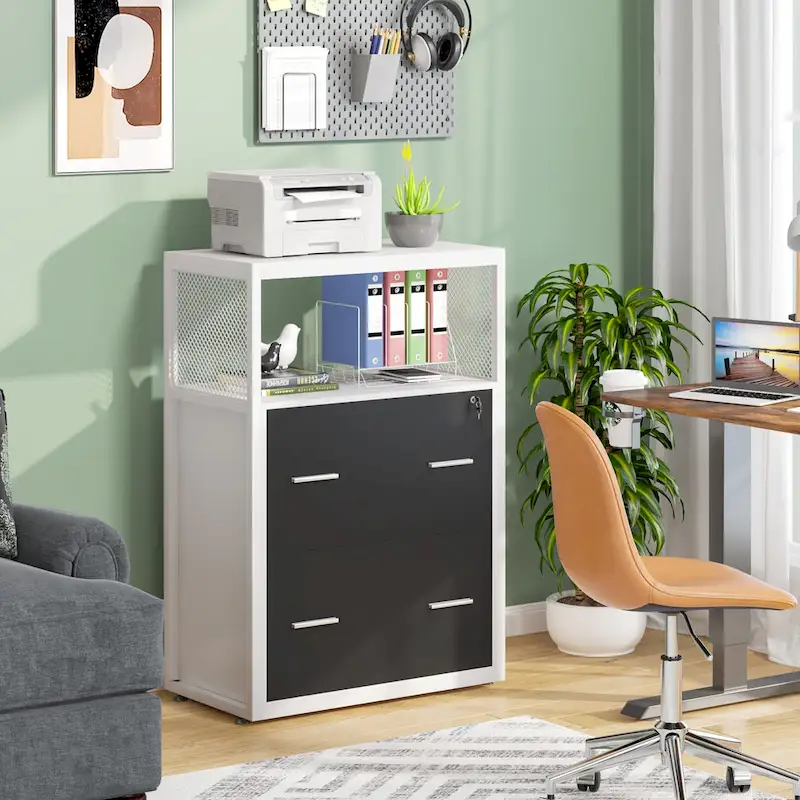 Walnut Black 2-Drawer Lateral File Cabinet with Open Shelves