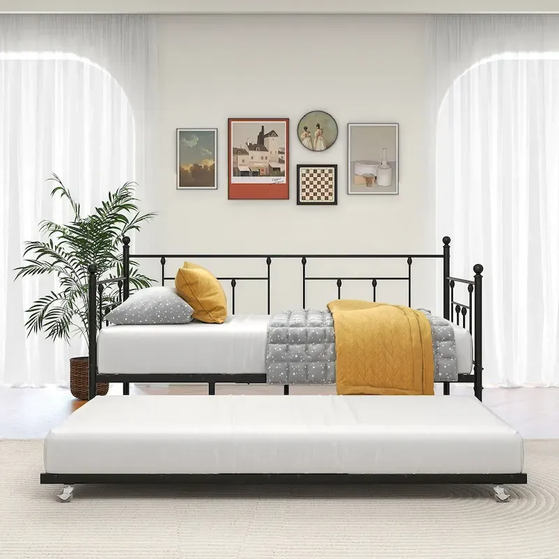 Black Metal Daybed Frame with Trundle, Twin, 2-Person