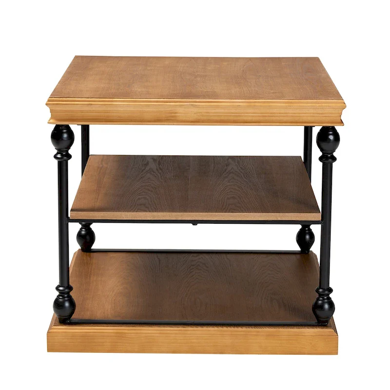 Sebastian Traditional Industrial Wood and Black Metal 3-Tier End Table