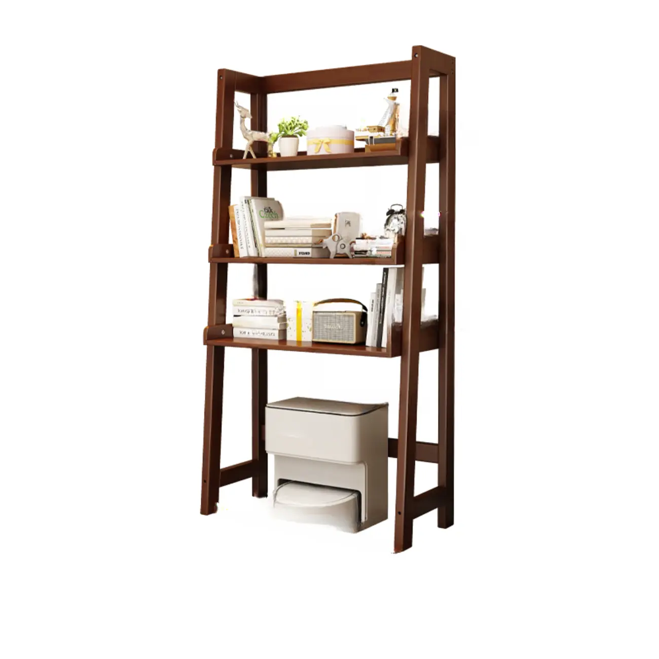 Narrow Modern Rubberwood Ladder Bookcase Open Back