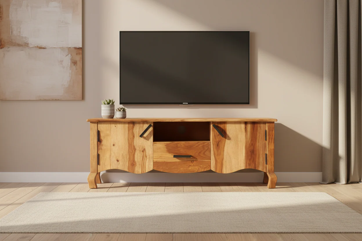 Brown Solid Wood TV Stand – 2 Doors, 1 Drawer, 1 Shelf