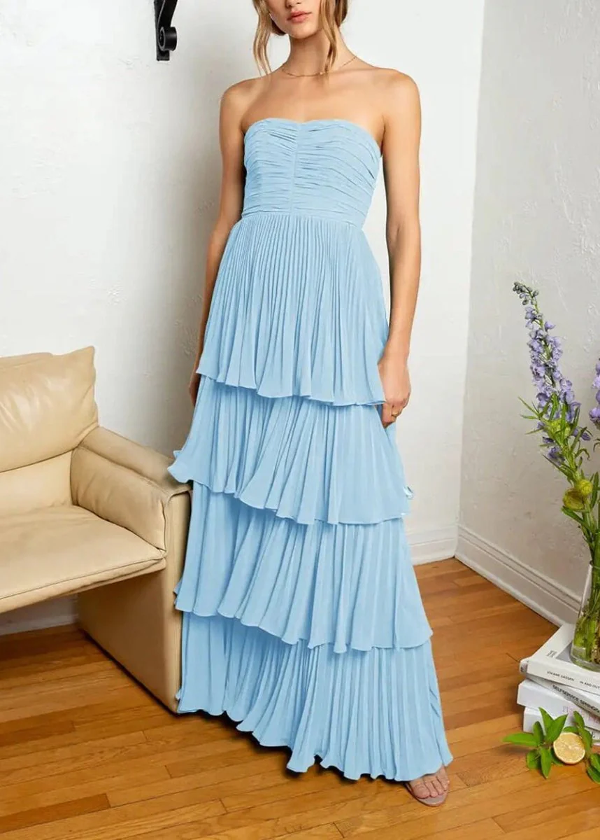 Strapless Emerald Green Ruffle Multi-Layer Long Prom Dress