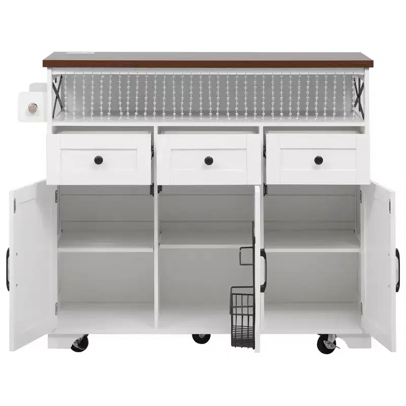 46.5 Farmhouse Kitchen Island with Power Outlet & Beaded Drape - Rolling Cart with Drop Leaf, 3 Drawers & Locking Wheels