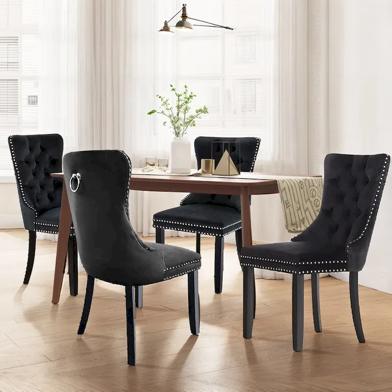 Set of 2 Velvet Dining Chairs,Tufted Solid Wood Armless Chairs Accent Chair with Nailhead Trim and Back Ring Pull - N/A