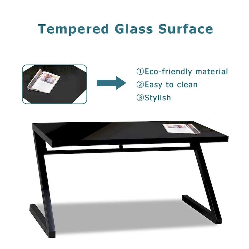 Professional Z-Leg Tempered Glass Gaming and Study Desk with Built-In USB Cable