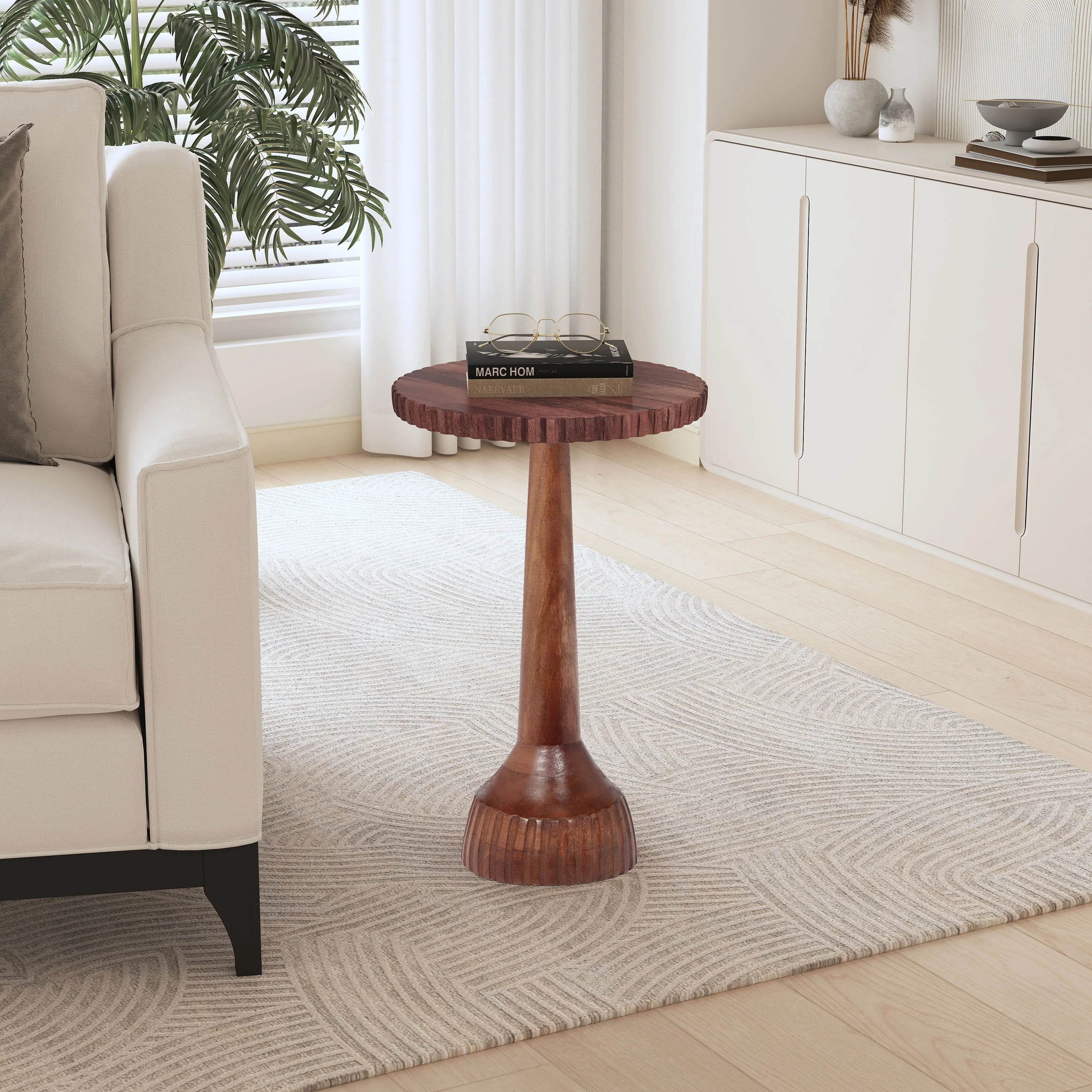 Modern Solid Mango Wood Pedestal End Table, Fully Assembled