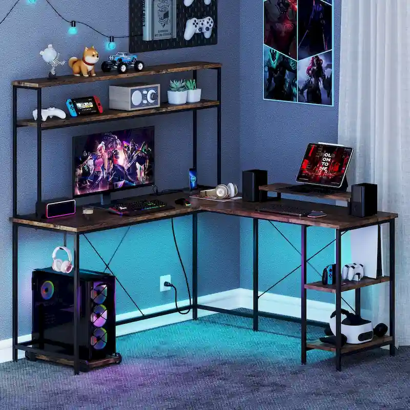 Costway L-Shaped Gaming Desk with LED Strip & Power Outlets Hutch - See Details