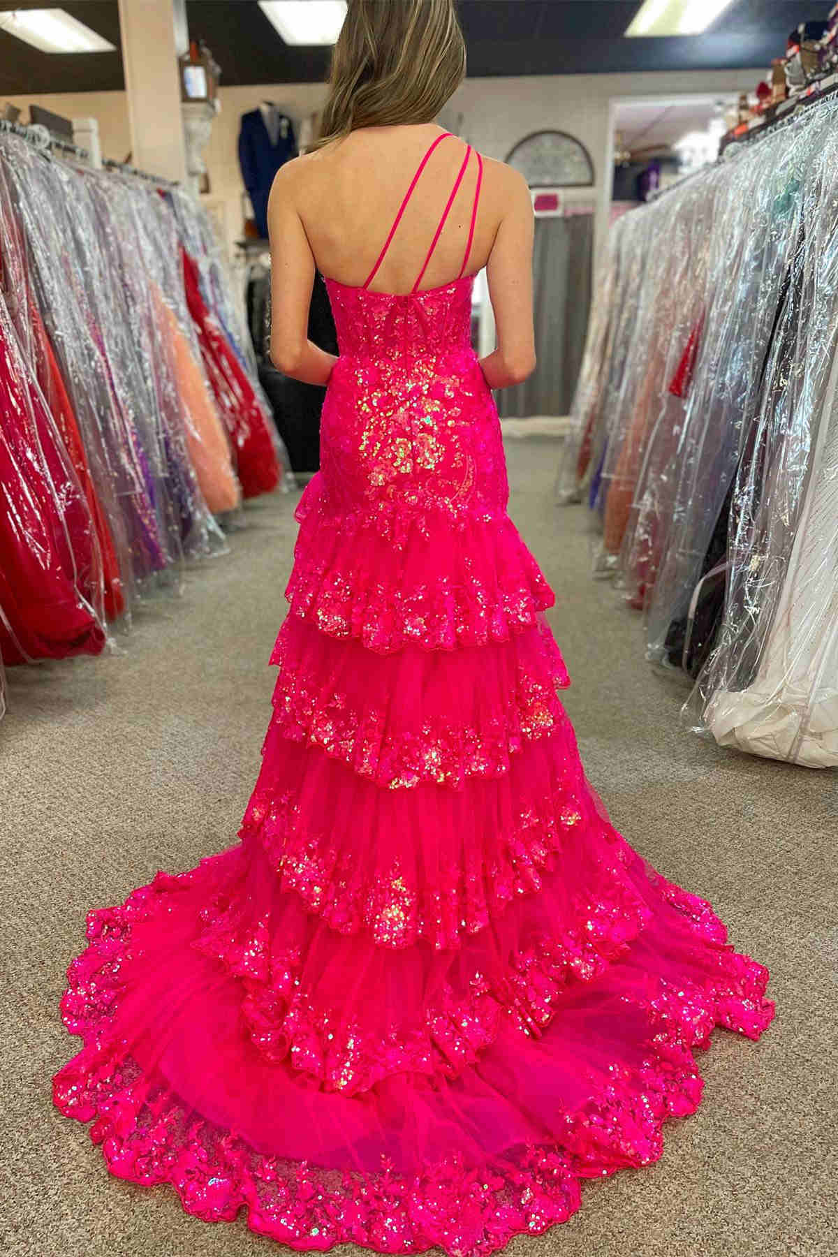 Sheath One Shoulder Tiered Lace Long Prom Dress